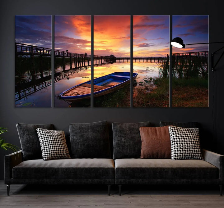 The "Sunset and Lake Landscape View Wall Art Canvas Print" showcases a tranquil sunset over a lake with a wooden dock and boat. The artwork is gallery wrapped on museum-quality canvas and features a UV-protective coating to maintain its vividness and allure.