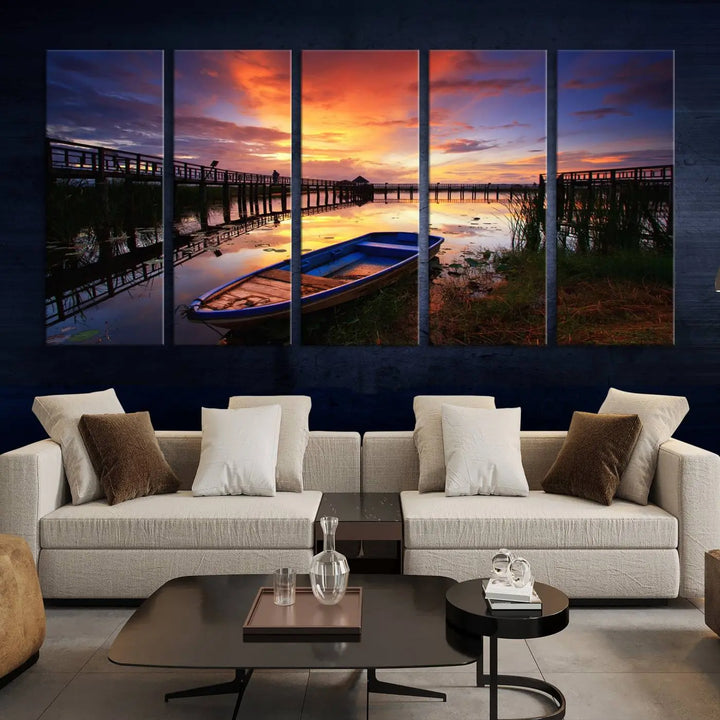 The "Sunset and Lake Landscape View Wall Art Canvas Print" showcases a tranquil sunset over a lake with a wooden dock and boat. The artwork is gallery wrapped on museum-quality canvas and features a UV-protective coating to maintain its vividness and allure.