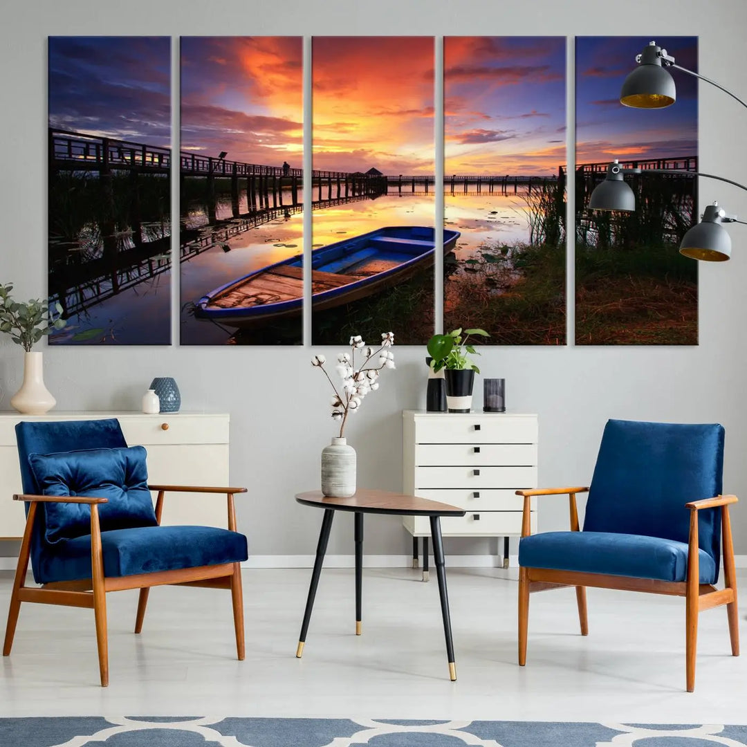 The "Sunset and Lake Landscape View Wall Art Canvas Print" showcases a tranquil sunset over a lake with a wooden dock and boat. The artwork is gallery wrapped on museum-quality canvas and features a UV-protective coating to maintain its vividness and allure.