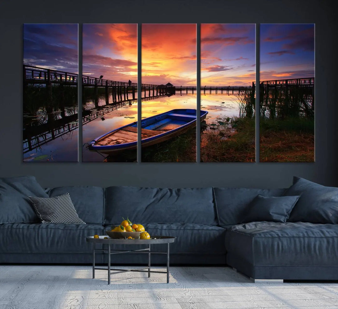 The "Sunset and Lake Landscape View Wall Art Canvas Print" showcases a tranquil sunset over a lake with a wooden dock and boat. The artwork is gallery wrapped on museum-quality canvas and features a UV-protective coating to maintain its vividness and allure.