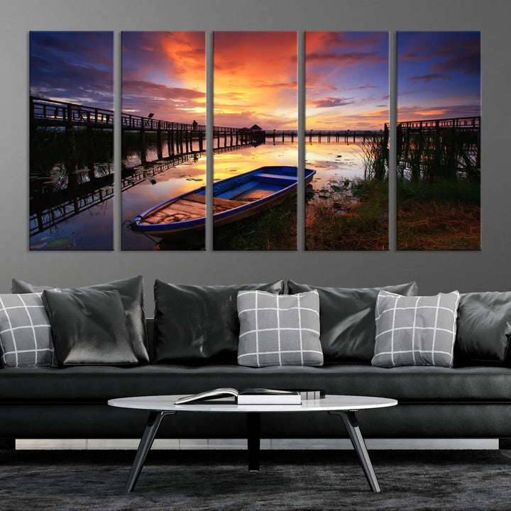 The "Sunset and Lake Landscape View Wall Art Canvas Print" showcases a tranquil sunset over a lake with a wooden dock and boat. The artwork is gallery wrapped on museum-quality canvas and features a UV-protective coating to maintain its vividness and allure.