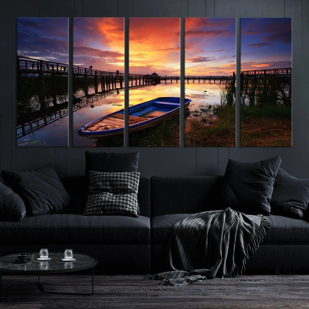 The "Sunset and Lake Landscape View Wall Art Canvas Print" showcases a tranquil sunset over a lake with a wooden dock and boat. The artwork is gallery wrapped on museum-quality canvas and features a UV-protective coating to maintain its vividness and allure.