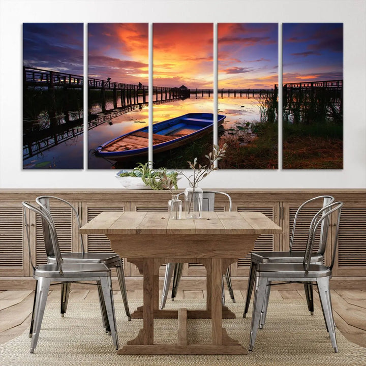 The "Sunset and Lake Landscape View Wall Art Canvas Print" showcases a tranquil sunset over a lake with a wooden dock and boat. The artwork is gallery wrapped on museum-quality canvas and features a UV-protective coating to maintain its vividness and allure.