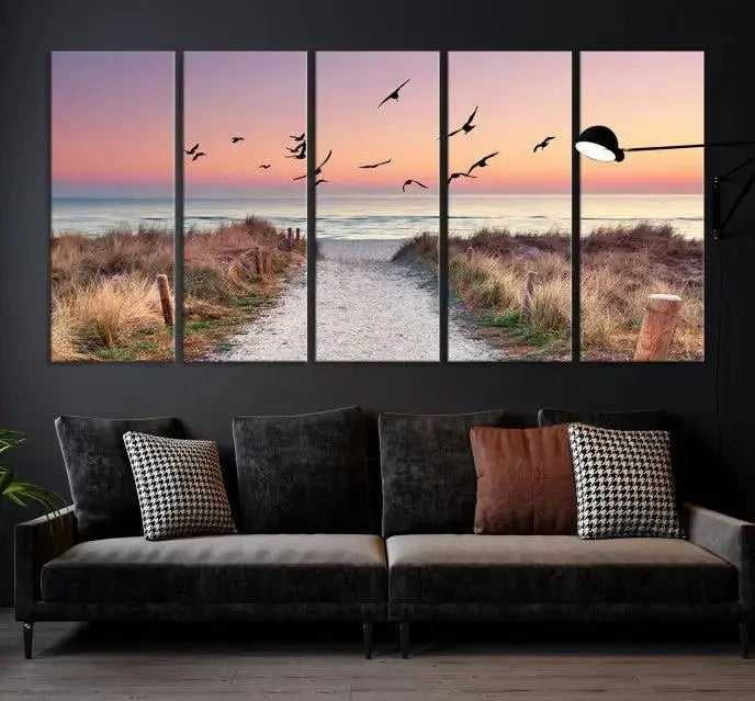 The wall art, titled "Sunset and Ocean Wall Art Canvas Print," is a museum-quality piece depicting a beach path at sunset with birds in flight.