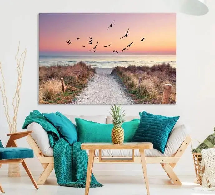 The wall art, titled "Sunset and Ocean Wall Art Canvas Print," is a museum-quality piece depicting a beach path at sunset with birds in flight.