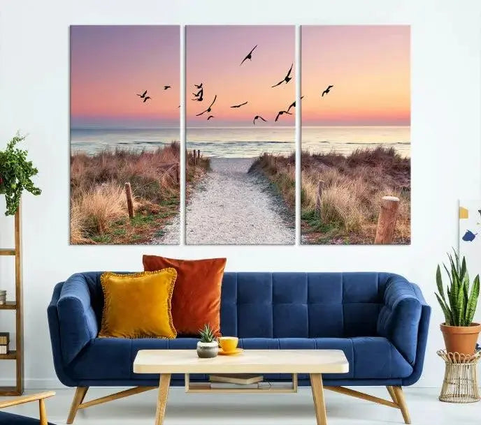 The wall art, titled "Sunset and Ocean Wall Art Canvas Print," is a museum-quality piece depicting a beach path at sunset with birds in flight.