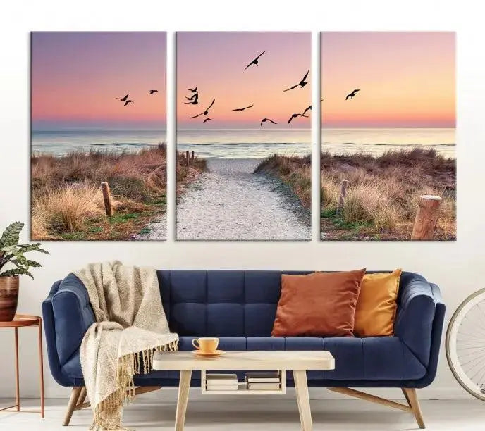 The wall art, titled "Sunset and Ocean Wall Art Canvas Print," is a museum-quality piece depicting a beach path at sunset with birds in flight.