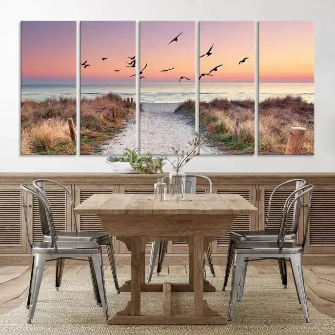 The wall art, titled "Sunset and Ocean Wall Art Canvas Print," is a museum-quality piece depicting a beach path at sunset with birds in flight.