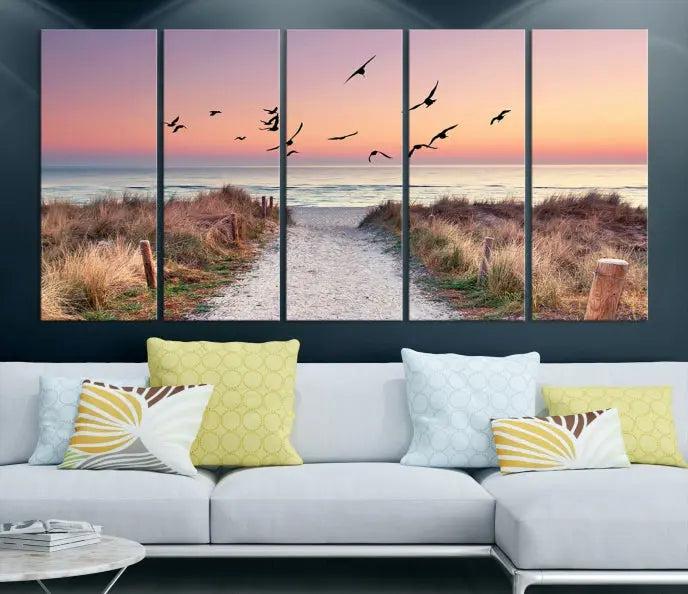 The wall art, titled "Sunset and Ocean Wall Art Canvas Print," is a museum-quality piece depicting a beach path at sunset with birds in flight.