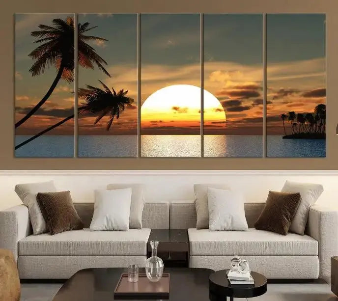 The Sunset and Palms Wall Art Canvas Print features a triptych design showcasing a tropical sunset over the ocean with silhouetted palm trees. These museum-quality canvases, adorned with UV-protective coating to maintain their vibrant appearance, are ready to enhance any room.