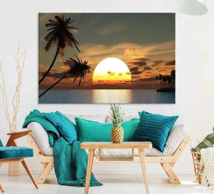 The Sunset and Palms Wall Art Canvas Print features a triptych design showcasing a tropical sunset over the ocean with silhouetted palm trees. These museum-quality canvases, adorned with UV-protective coating to maintain their vibrant appearance, are ready to enhance any room.