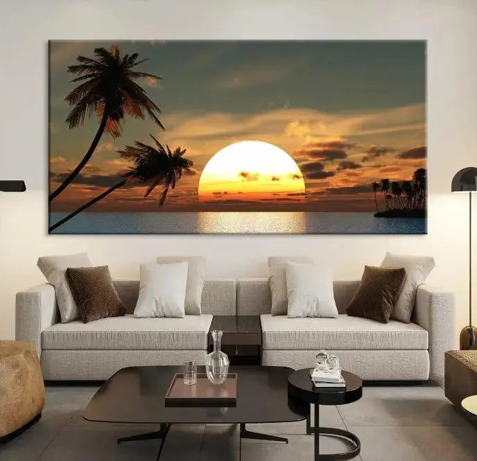 The Sunset and Palms Wall Art Canvas Print features a triptych design showcasing a tropical sunset over the ocean with silhouetted palm trees. These museum-quality canvases, adorned with UV-protective coating to maintain their vibrant appearance, are ready to enhance any room.