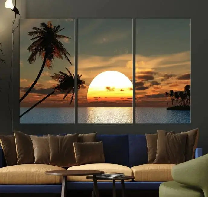 The Sunset and Palms Wall Art Canvas Print features a triptych design showcasing a tropical sunset over the ocean with silhouetted palm trees. These museum-quality canvases, adorned with UV-protective coating to maintain their vibrant appearance, are ready to enhance any room.