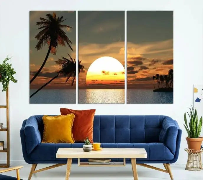 The Sunset and Palms Wall Art Canvas Print features a triptych design showcasing a tropical sunset over the ocean with silhouetted palm trees. These museum-quality canvases, adorned with UV-protective coating to maintain their vibrant appearance, are ready to enhance any room.