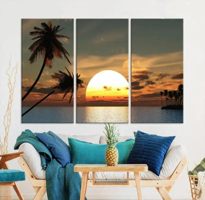 The Sunset and Palms Wall Art Canvas Print features a triptych design showcasing a tropical sunset over the ocean with silhouetted palm trees. These museum-quality canvases, adorned with UV-protective coating to maintain their vibrant appearance, are ready to enhance any room.