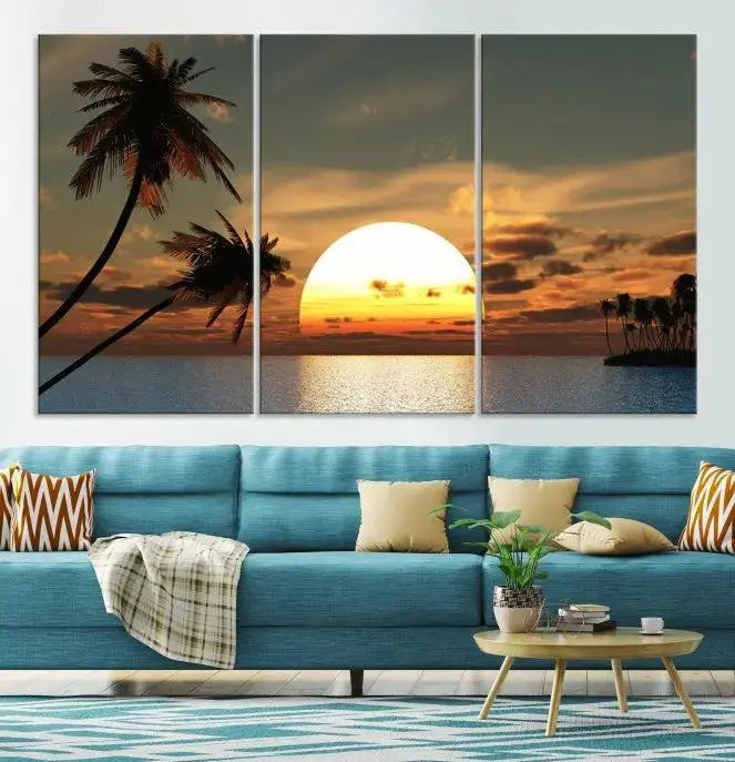 The Sunset and Palms Wall Art Canvas Print features a triptych design showcasing a tropical sunset over the ocean with silhouetted palm trees. These museum-quality canvases, adorned with UV-protective coating to maintain their vibrant appearance, are ready to enhance any room.