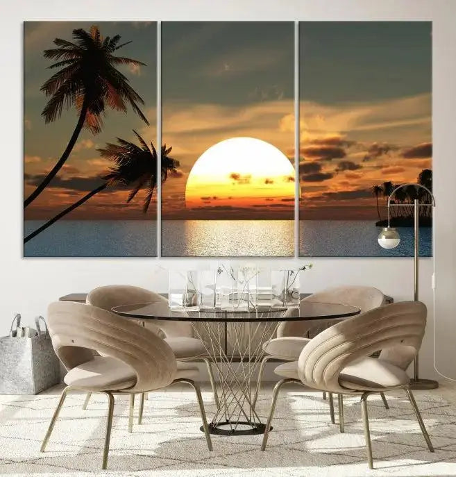 The Sunset and Palms Wall Art Canvas Print features a triptych design showcasing a tropical sunset over the ocean with silhouetted palm trees. These museum-quality canvases, adorned with UV-protective coating to maintain their vibrant appearance, are ready to enhance any room.