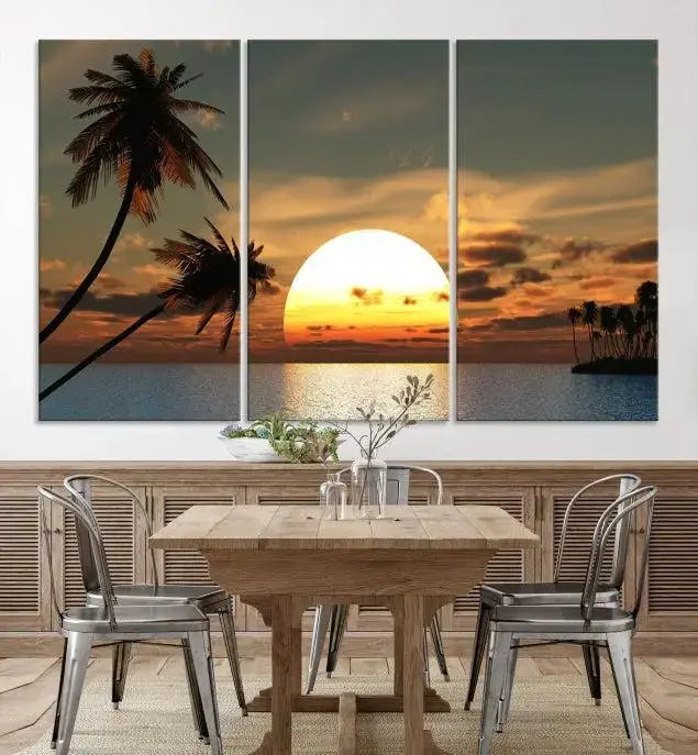 The Sunset and Palms Wall Art Canvas Print features a triptych design showcasing a tropical sunset over the ocean with silhouetted palm trees. These museum-quality canvases, adorned with UV-protective coating to maintain their vibrant appearance, are ready to enhance any room.