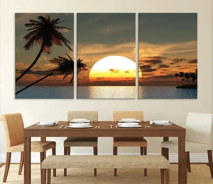 The Sunset and Palms Wall Art Canvas Print features a triptych design showcasing a tropical sunset over the ocean with silhouetted palm trees. These museum-quality canvases, adorned with UV-protective coating to maintain their vibrant appearance, are ready to enhance any room.