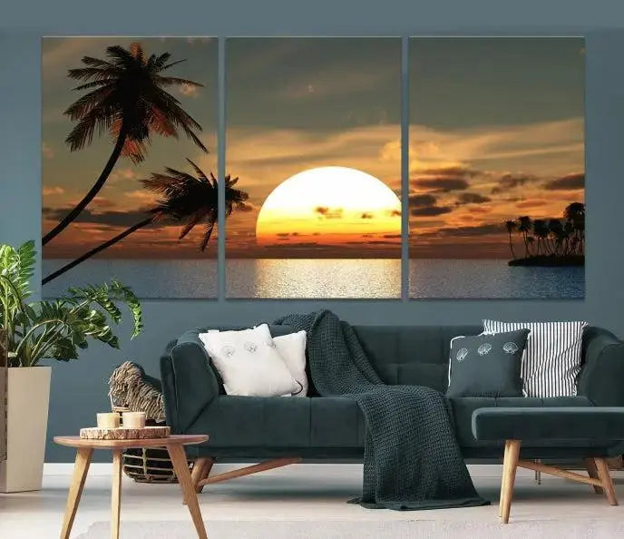 The Sunset and Palms Wall Art Canvas Print features a triptych design showcasing a tropical sunset over the ocean with silhouetted palm trees. These museum-quality canvases, adorned with UV-protective coating to maintain their vibrant appearance, are ready to enhance any room.