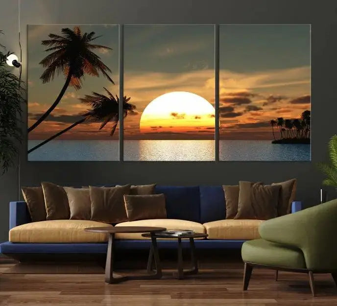 The Sunset and Palms Wall Art Canvas Print features a triptych design showcasing a tropical sunset over the ocean with silhouetted palm trees. These museum-quality canvases, adorned with UV-protective coating to maintain their vibrant appearance, are ready to enhance any room.