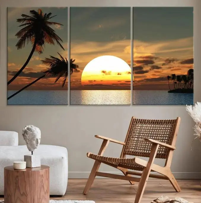 The Sunset and Palms Wall Art Canvas Print features a triptych design showcasing a tropical sunset over the ocean with silhouetted palm trees. These museum-quality canvases, adorned with UV-protective coating to maintain their vibrant appearance, are ready to enhance any room.