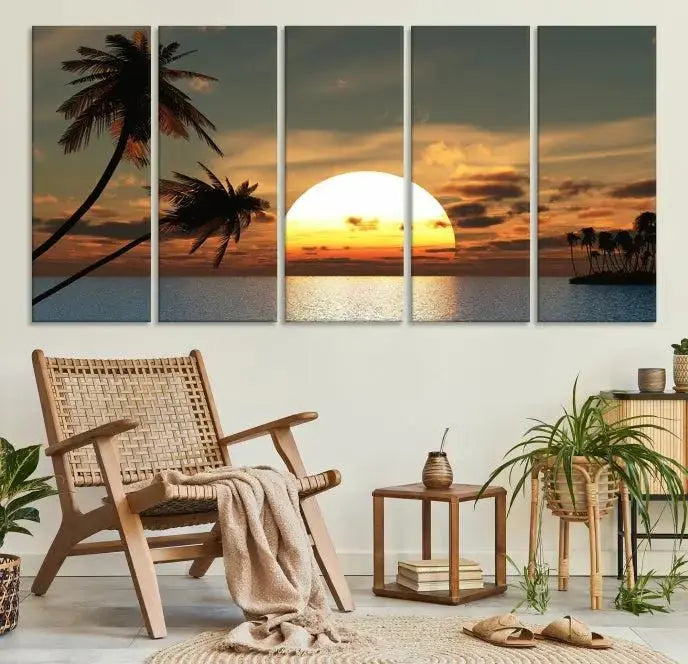 The Sunset and Palms Wall Art Canvas Print features a triptych design showcasing a tropical sunset over the ocean with silhouetted palm trees. These museum-quality canvases, adorned with UV-protective coating to maintain their vibrant appearance, are ready to enhance any room.