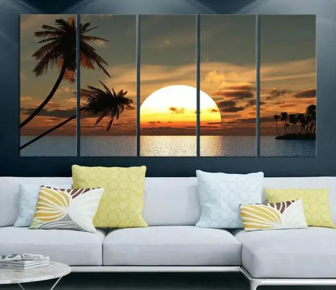 The Sunset and Palms Wall Art Canvas Print features a triptych design showcasing a tropical sunset over the ocean with silhouetted palm trees. These museum-quality canvases, adorned with UV-protective coating to maintain their vibrant appearance, are ready to enhance any room.