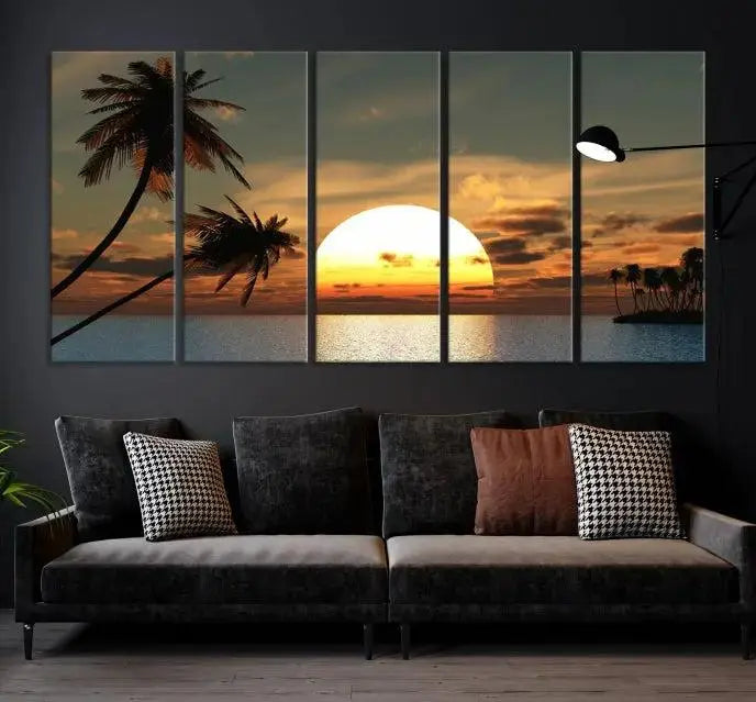 The Sunset and Palms Wall Art Canvas Print features a triptych design showcasing a tropical sunset over the ocean with silhouetted palm trees. These museum-quality canvases, adorned with UV-protective coating to maintain their vibrant appearance, are ready to enhance any room.