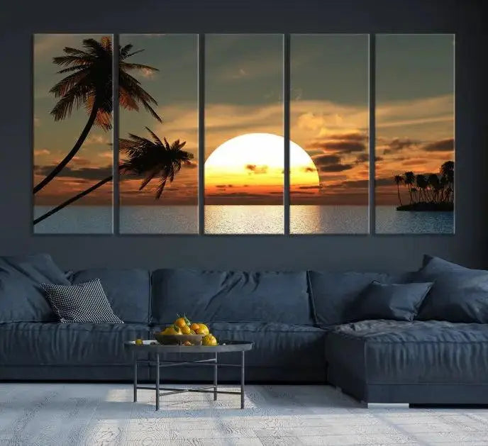 The Sunset and Palms Wall Art Canvas Print features a triptych design showcasing a tropical sunset over the ocean with silhouetted palm trees. These museum-quality canvases, adorned with UV-protective coating to maintain their vibrant appearance, are ready to enhance any room.