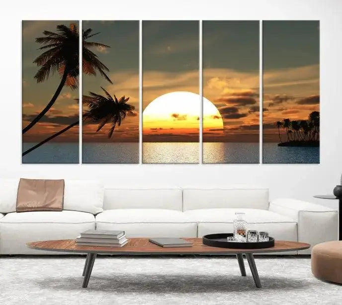 The Sunset and Palms Wall Art Canvas Print features a triptych design showcasing a tropical sunset over the ocean with silhouetted palm trees. These museum-quality canvases, adorned with UV-protective coating to maintain their vibrant appearance, are ready to enhance any room.