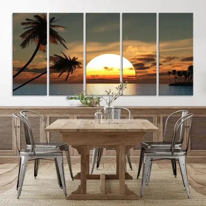 The Sunset and Palms Wall Art Canvas Print features a triptych design showcasing a tropical sunset over the ocean with silhouetted palm trees. These museum-quality canvases, adorned with UV-protective coating to maintain their vibrant appearance, are ready to enhance any room.