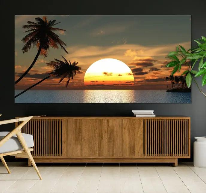 The Sunset and Palms Wall Art Canvas Print features a triptych design showcasing a tropical sunset over the ocean with silhouetted palm trees. These museum-quality canvases, adorned with UV-protective coating to maintain their vibrant appearance, are ready to enhance any room.