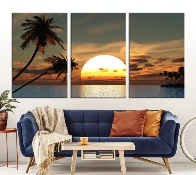 The Sunset and Palms Wall Art Canvas Print features a triptych design showcasing a tropical sunset over the ocean with silhouetted palm trees. These museum-quality canvases, adorned with UV-protective coating to maintain their vibrant appearance, are ready to enhance any room.