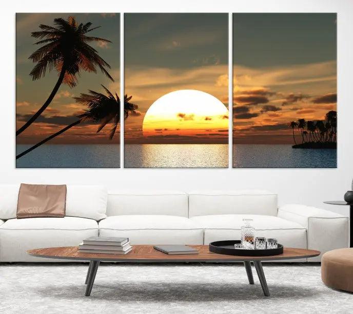 The Sunset and Palms Wall Art Canvas Print features a triptych design showcasing a tropical sunset over the ocean with silhouetted palm trees. These museum-quality canvases, adorned with UV-protective coating to maintain their vibrant appearance, are ready to enhance any room.