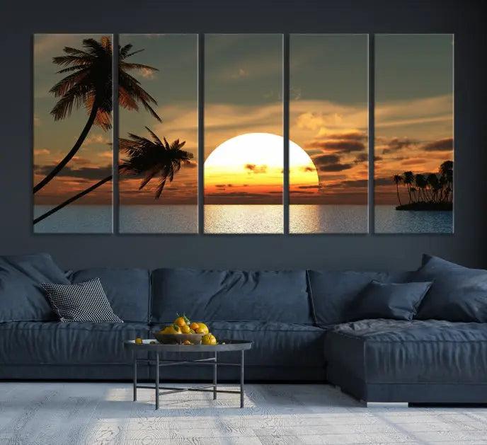 The Sunset and Palms Wall Art Canvas Print features a triptych design showcasing a tropical sunset over the ocean with silhouetted palm trees. These museum-quality canvases, adorned with UV-protective coating to maintain their vibrant appearance, are ready to enhance any room.