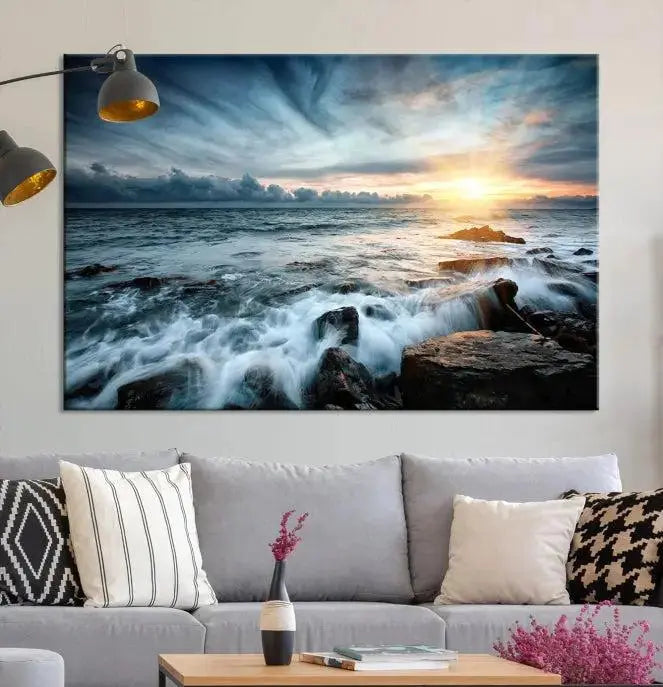 The "Sunset and Stones Wall Art Canvas Print," created by a professional craftsman on museum-quality canvases, is prominently displayed.