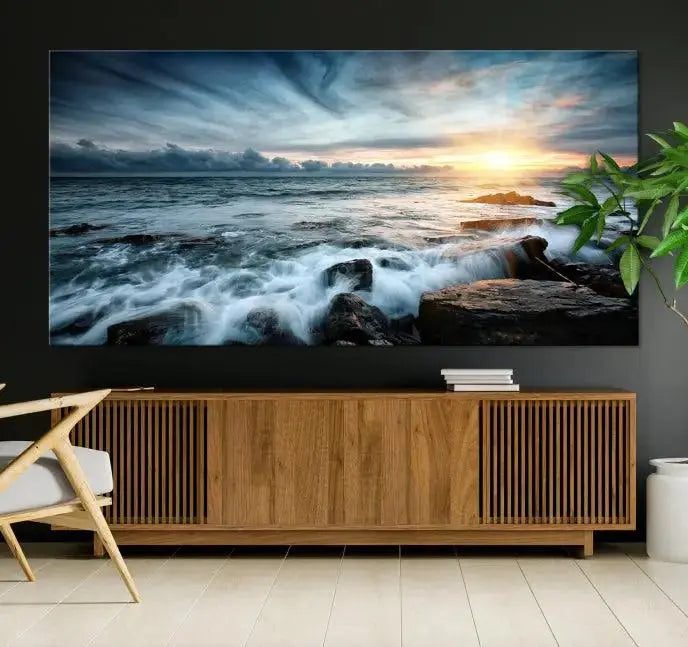 The "Sunset and Stones Wall Art Canvas Print," created by a professional craftsman on museum-quality canvases, is prominently displayed.