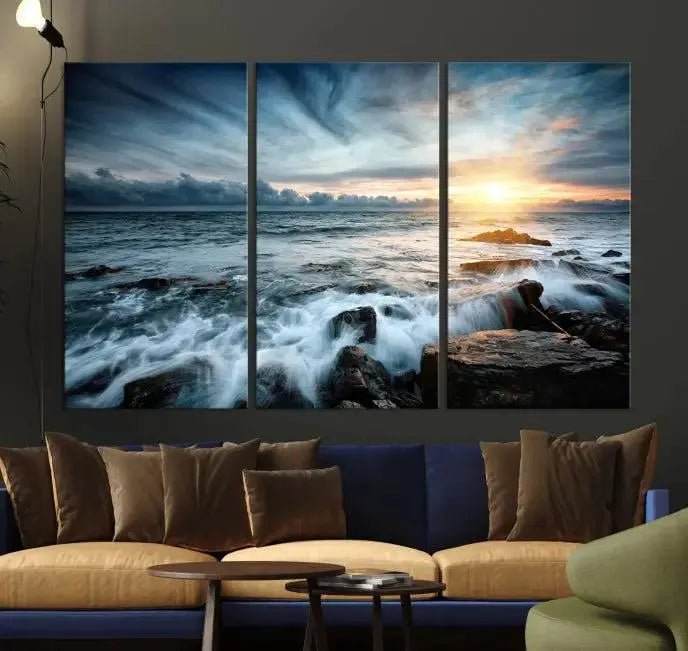 The "Sunset and Stones Wall Art Canvas Print," created by a professional craftsman on museum-quality canvases, is prominently displayed.