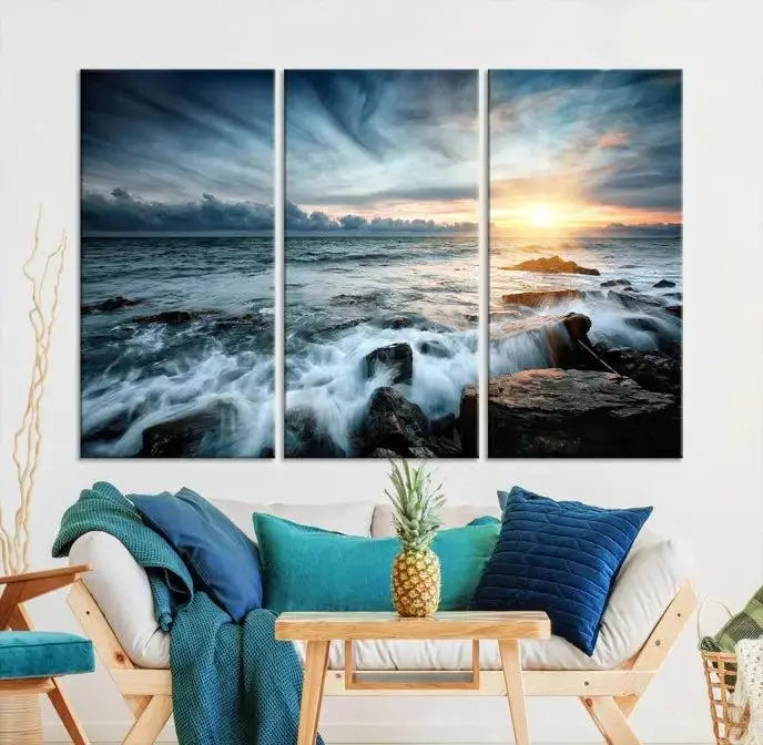 The "Sunset and Stones Wall Art Canvas Print," created by a professional craftsman on museum-quality canvases, is prominently displayed.