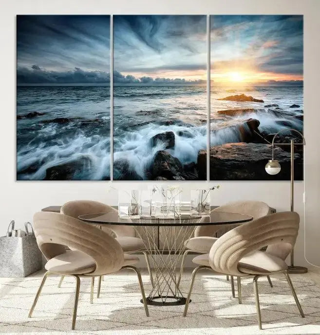 The "Sunset and Stones Wall Art Canvas Print," created by a professional craftsman on museum-quality canvases, is prominently displayed.