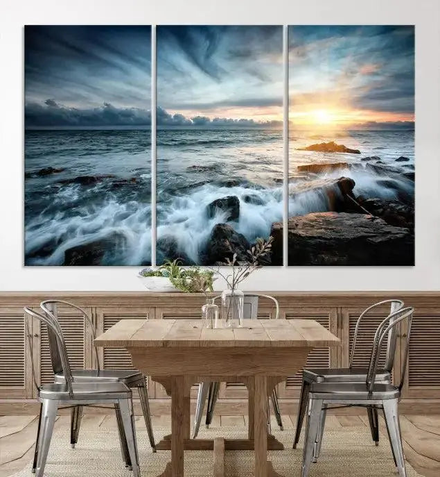 The "Sunset and Stones Wall Art Canvas Print," created by a professional craftsman on museum-quality canvases, is prominently displayed.