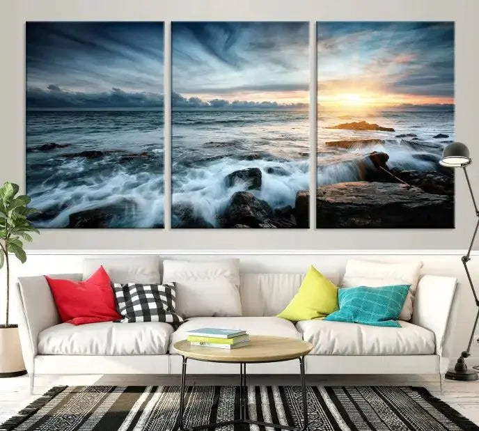 The "Sunset and Stones Wall Art Canvas Print," created by a professional craftsman on museum-quality canvases, is prominently displayed.