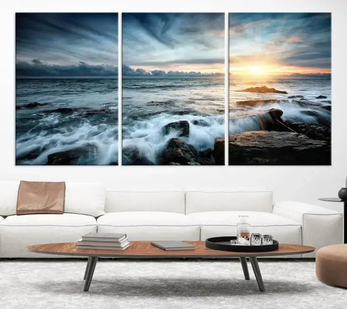 The "Sunset and Stones Wall Art Canvas Print," created by a professional craftsman on museum-quality canvases, is prominently displayed.