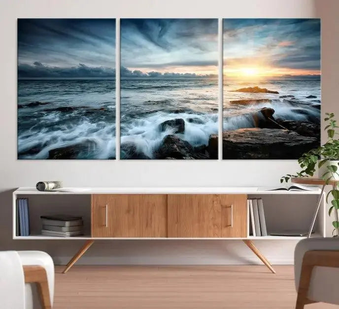 The "Sunset and Stones Wall Art Canvas Print," created by a professional craftsman on museum-quality canvases, is prominently displayed.