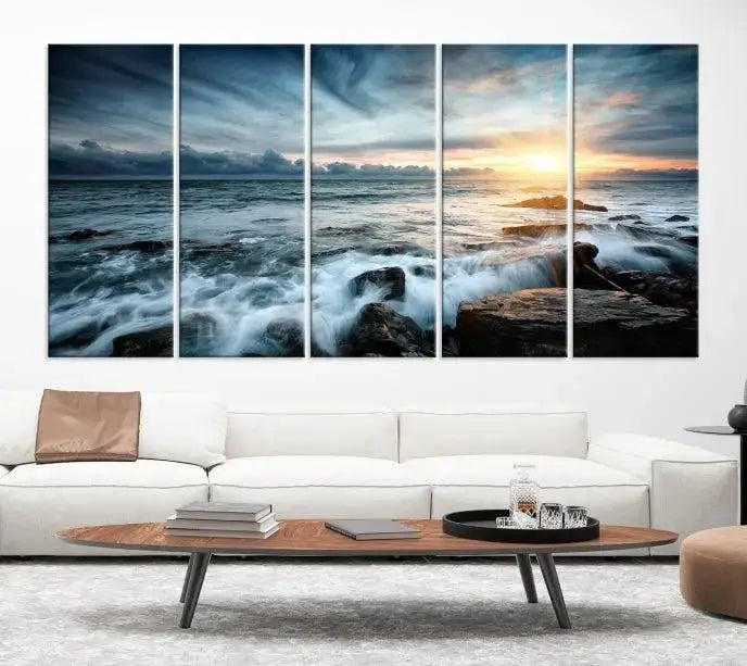 The "Sunset and Stones Wall Art Canvas Print," created by a professional craftsman on museum-quality canvases, is prominently displayed.