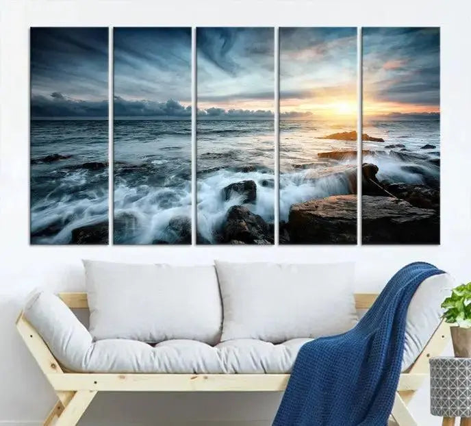 The "Sunset and Stones Wall Art Canvas Print," created by a professional craftsman on museum-quality canvases, is prominently displayed.