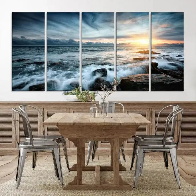 The "Sunset and Stones Wall Art Canvas Print," created by a professional craftsman on museum-quality canvases, is prominently displayed.