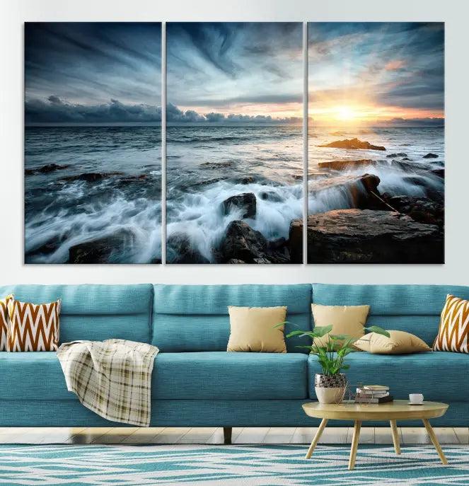 The "Sunset and Stones Wall Art Canvas Print," created by a professional craftsman on museum-quality canvases, is prominently displayed.