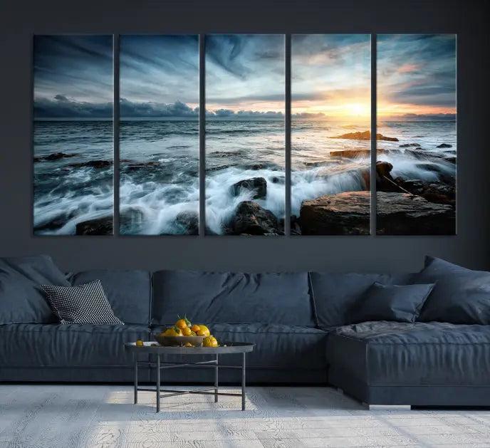 The "Sunset and Stones Wall Art Canvas Print," created by a professional craftsman on museum-quality canvases, is prominently displayed.